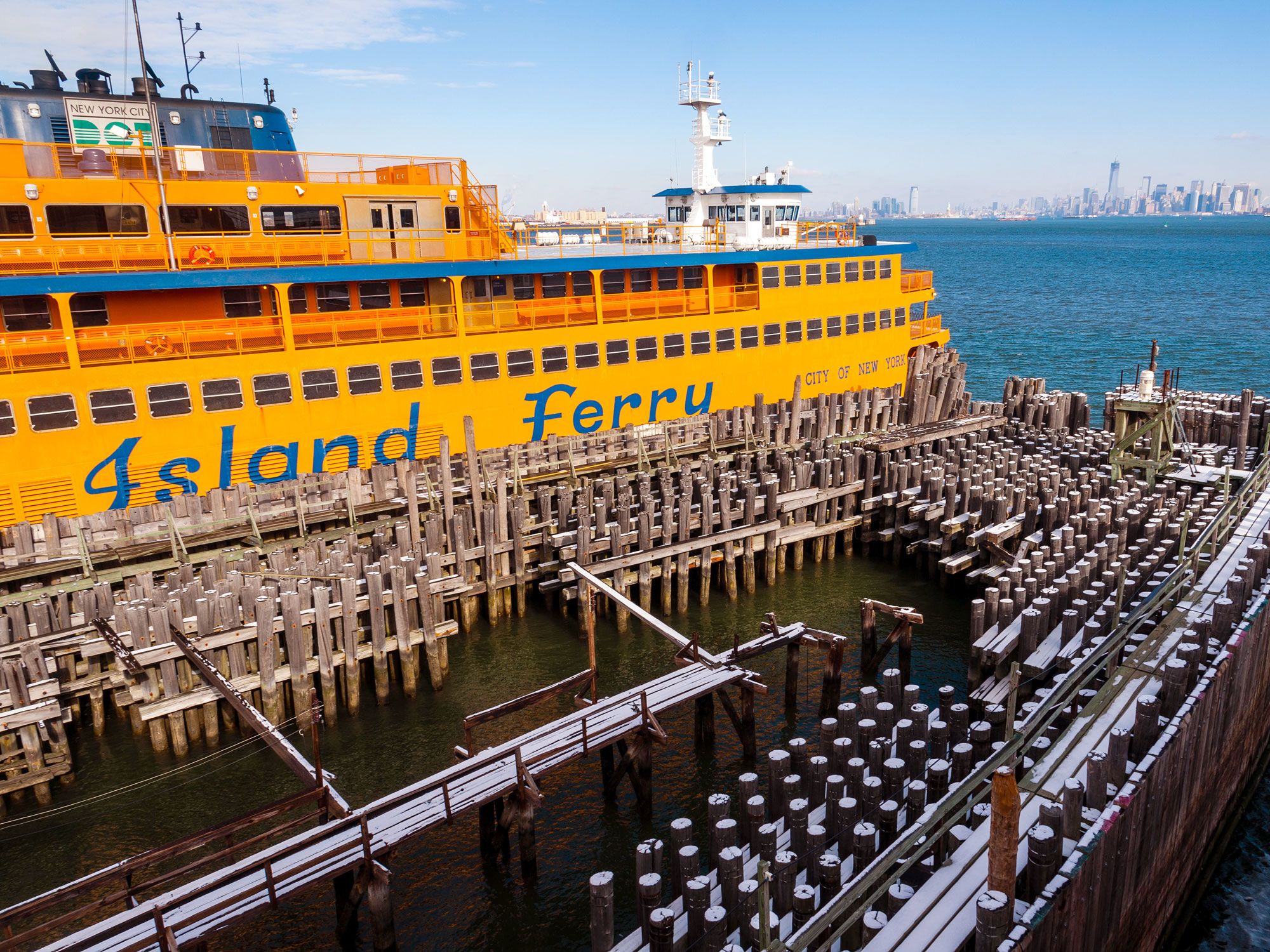 Staten Island Ferry at dock ready to travel to New York City borough of Staten Island