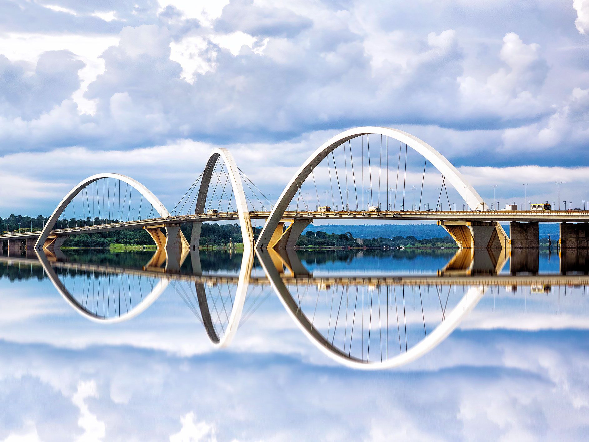 Bridge reflecting onto water in Brasilia, Brazil