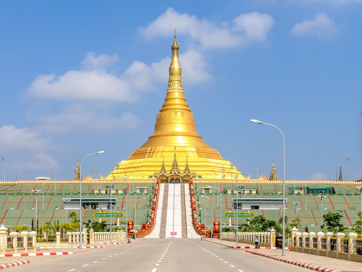 Roadway leading to golden Uppatasanti Pagoda in Naypyidaw, Myanmar