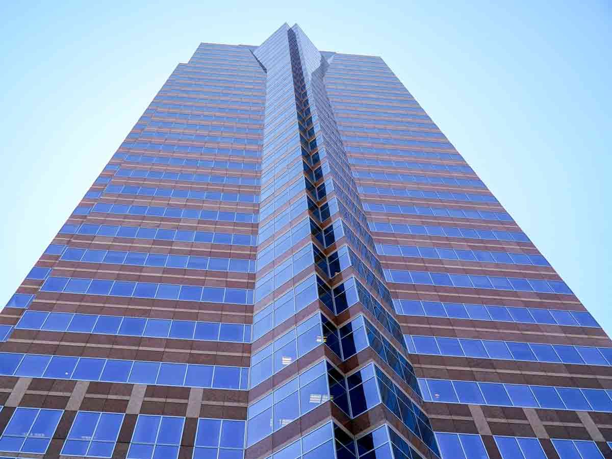 View upwards at street level of Fox Plaza in Los Angeles, California