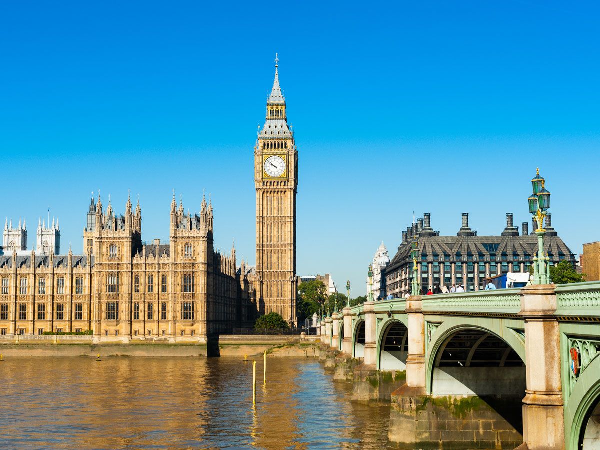 Big Ben, River Thames, and Westminster Palace in London, England