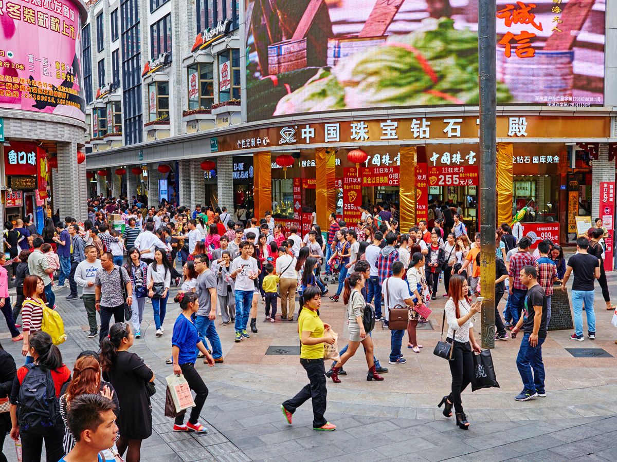 Busy pedestrian street in Guangdong, China