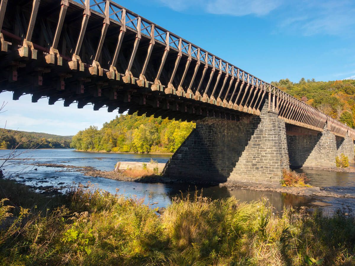 View of the Delaware Aqueduct crossing river in New York