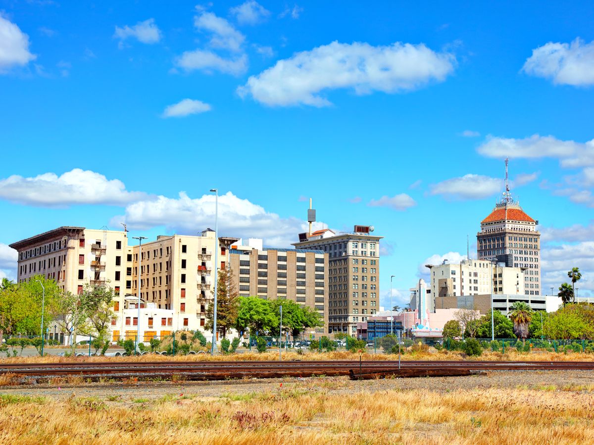 Train tracks and high-rise buildings in Fresno, California