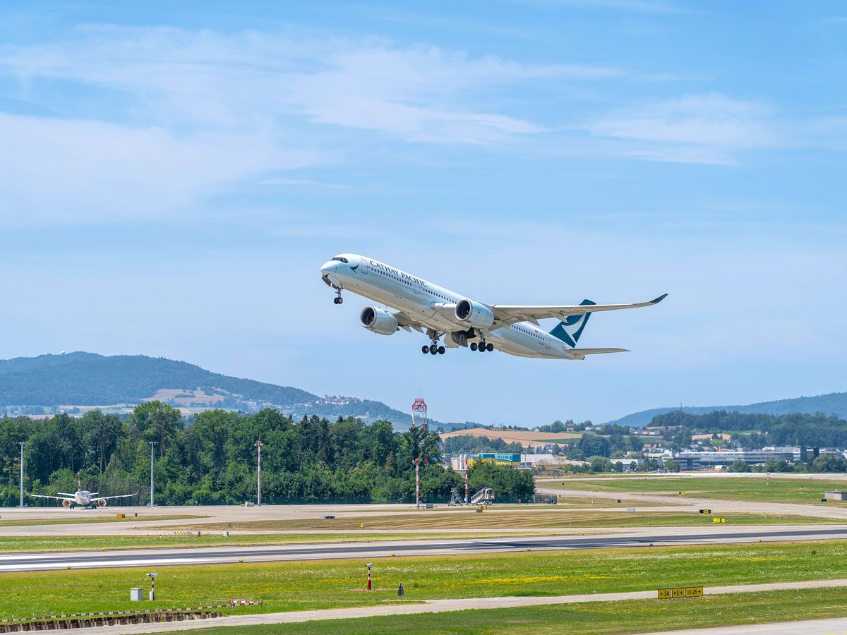 Cathay Pacific Airbus A350 taking off from Zurich Airport in Switzerland