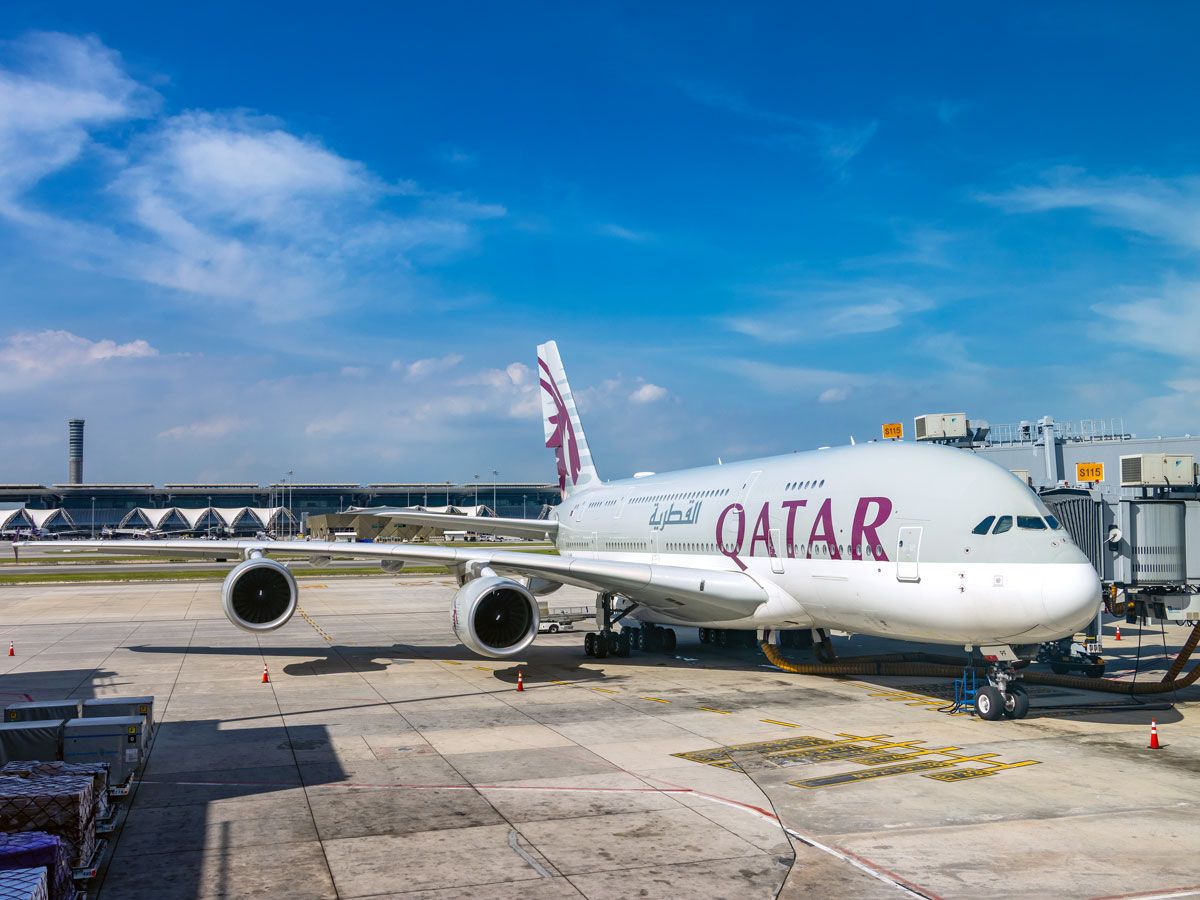 Qatar Airways Airbus A380 parked at gate