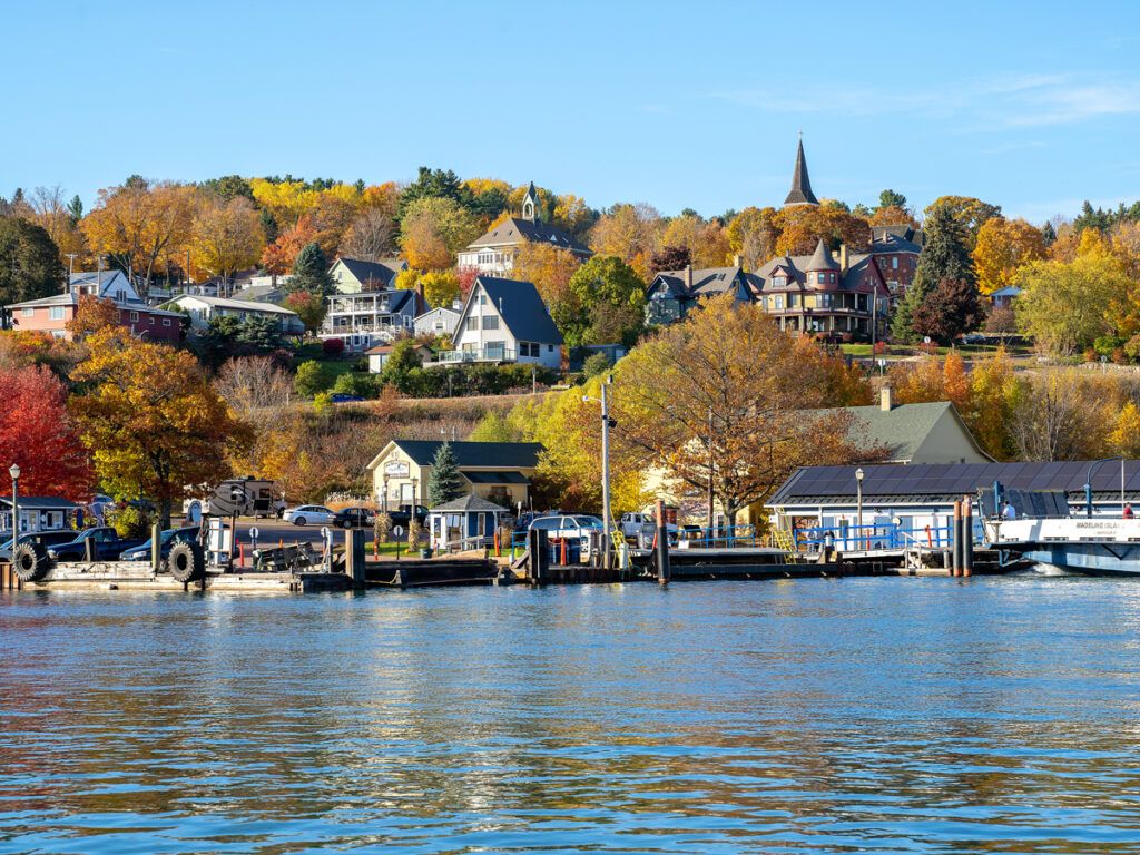 Lakefront buildings in Bayfield, Wisconsin