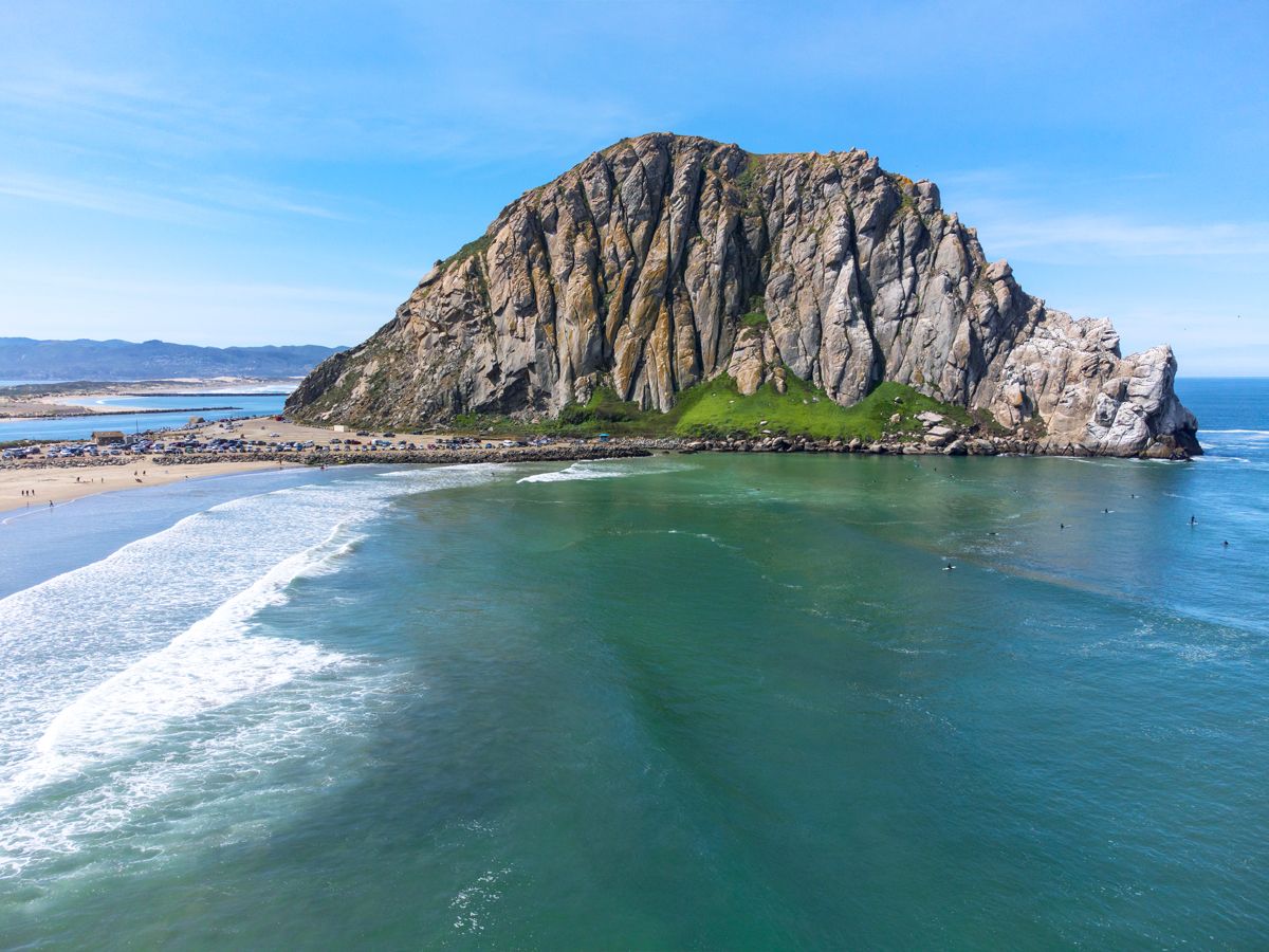 Morro Rock off coast of Morro Bay, California, seen from above