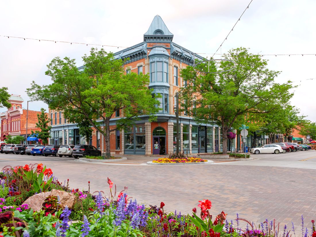 Street corner lined with flowers in Fort Collins, Colorado