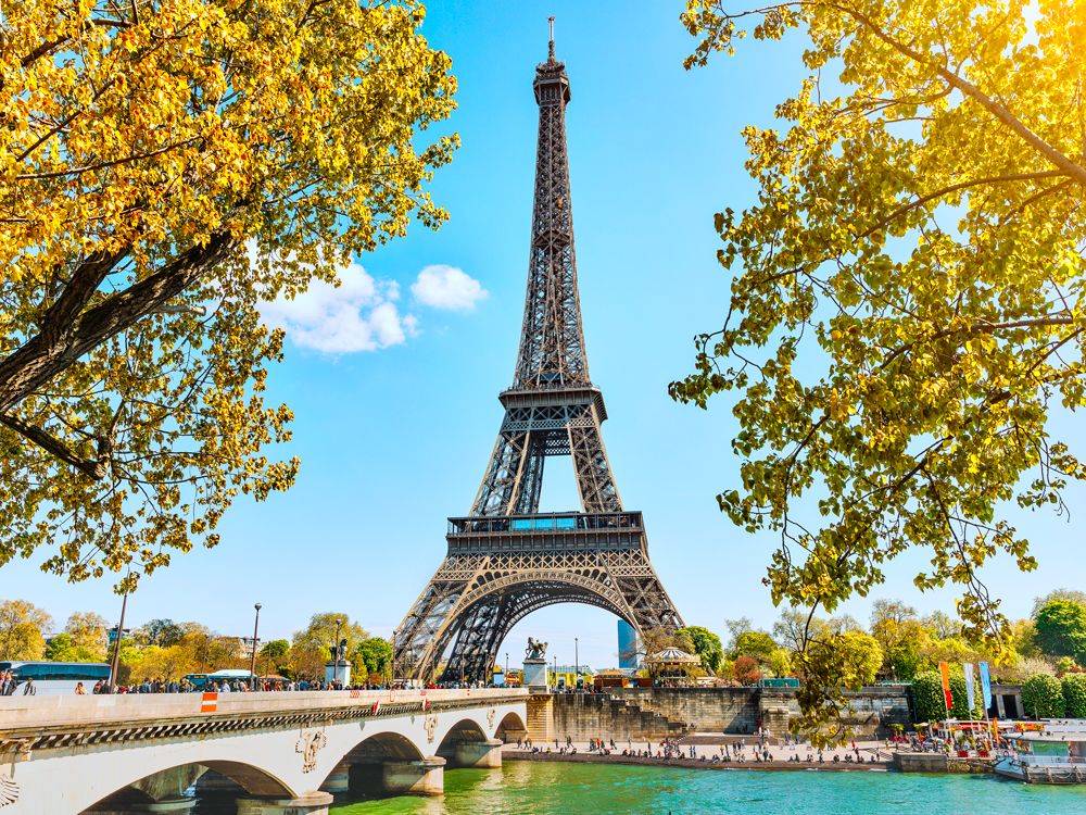 View of Eiffel Tower across Seine River in Paris, France