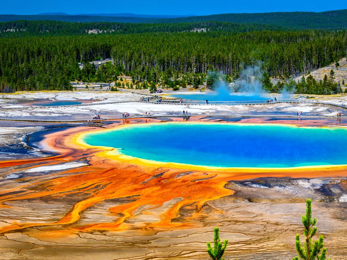 Rainbow hues of Yellowstone's Grand Prismatic Spring, seen from above