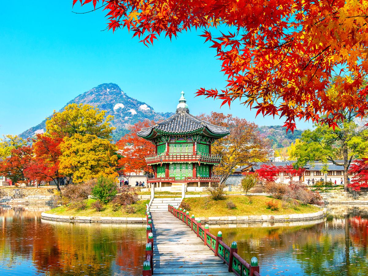 Fall foliage surrounding temple in Seoul, South Korea