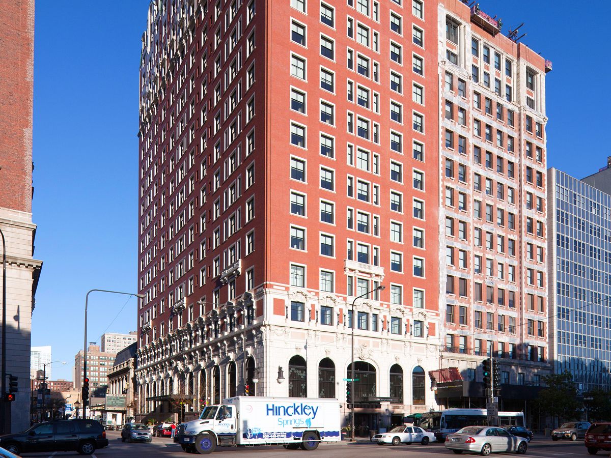 Red brick exterior of the Blackstone in Chicago, Illinois