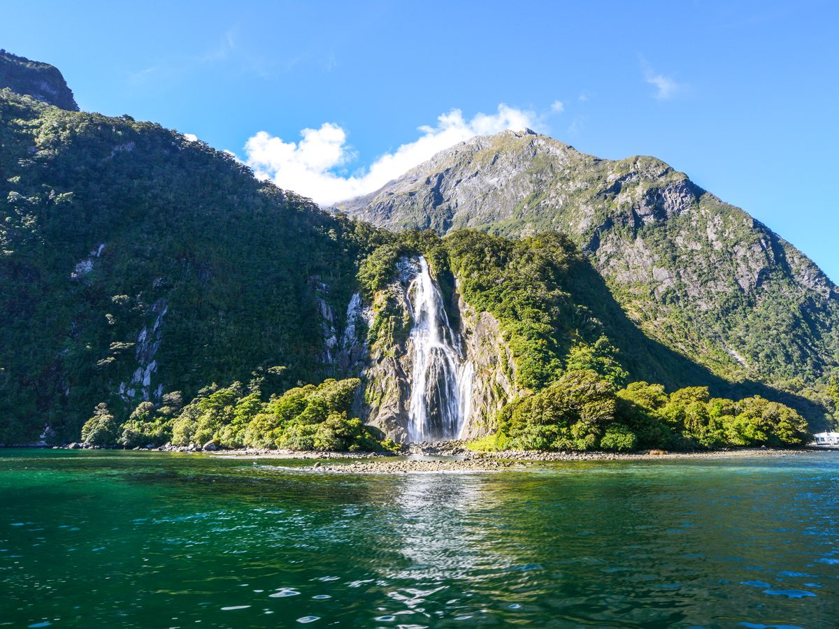 Waterfall along the Milford Sound in New Zealand