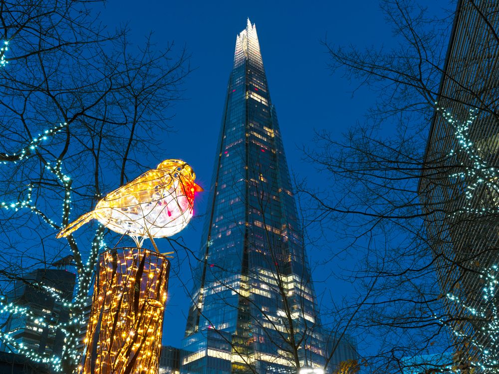 Holiday light decorations in front of the Shard in London, England