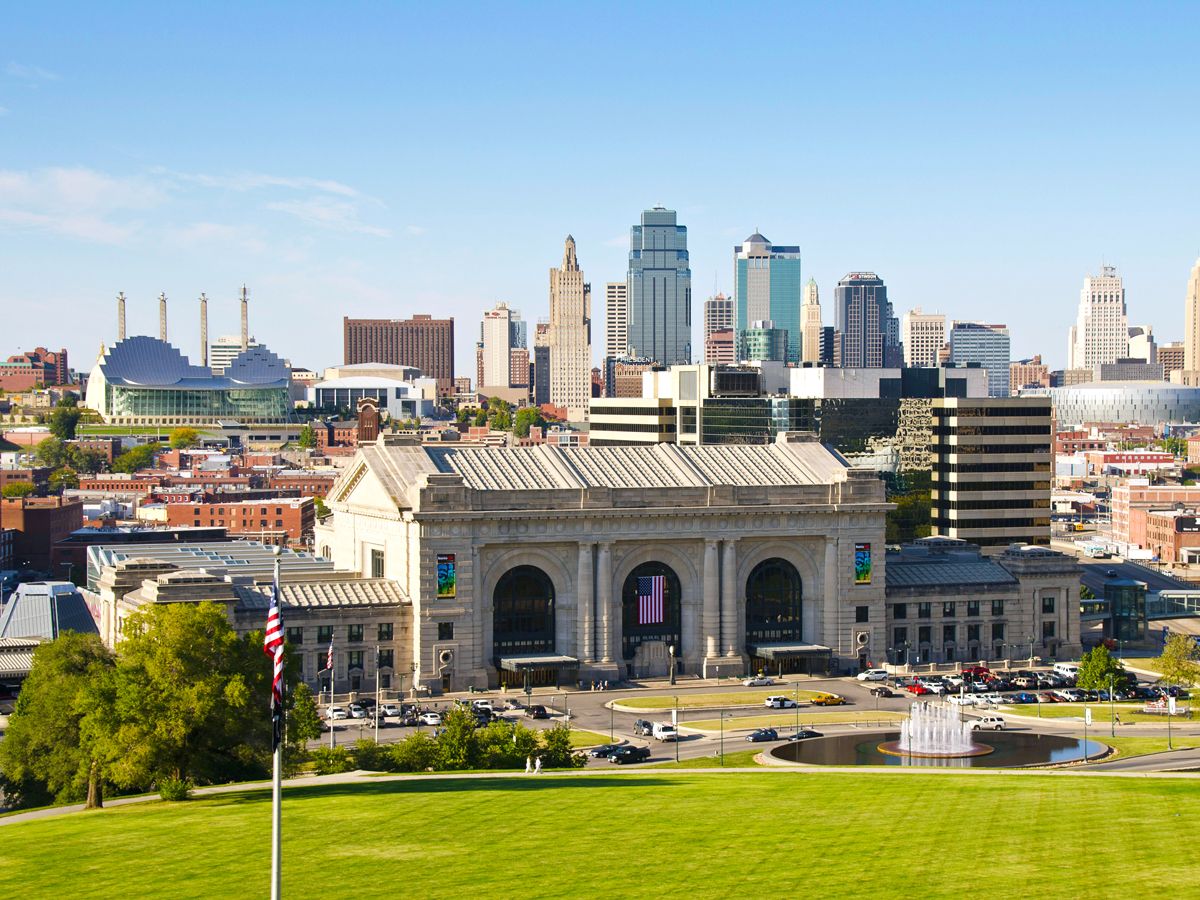 Kansas City Union Station with skyline in background