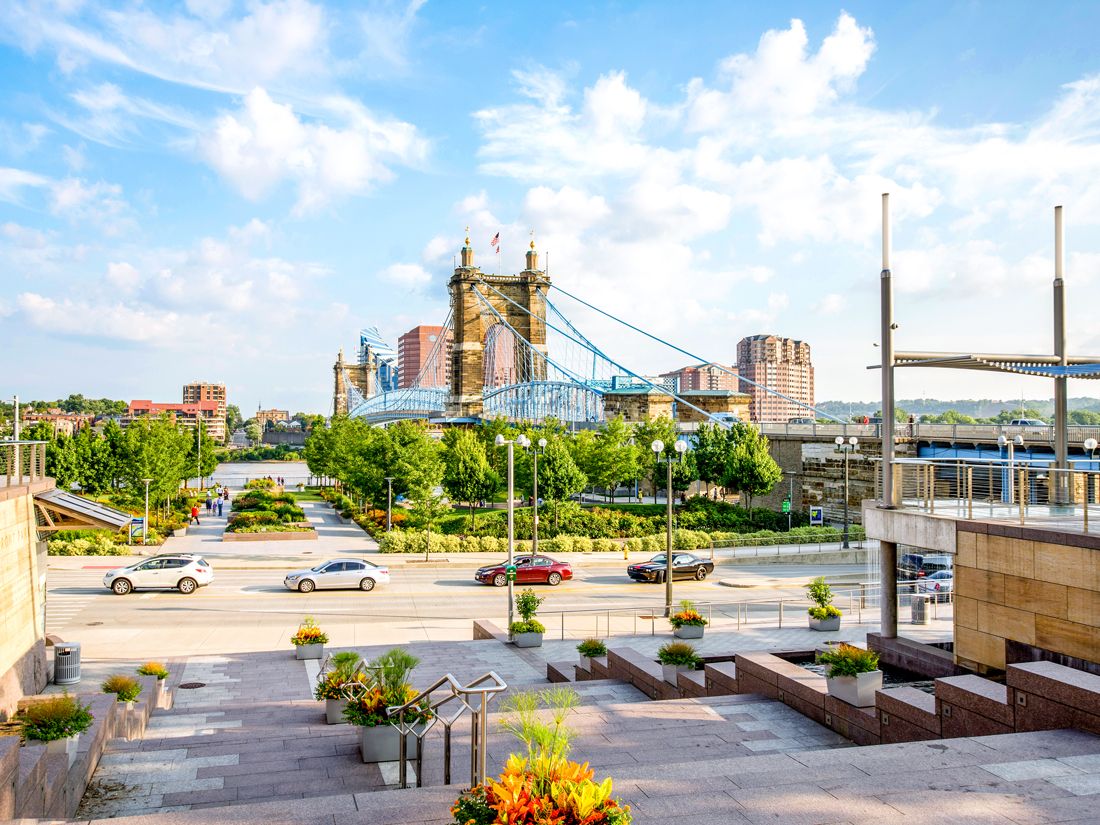 Smale Riverfront Park in Cincinnati, Ohio, with view of John A. Roebling Suspension Bridge