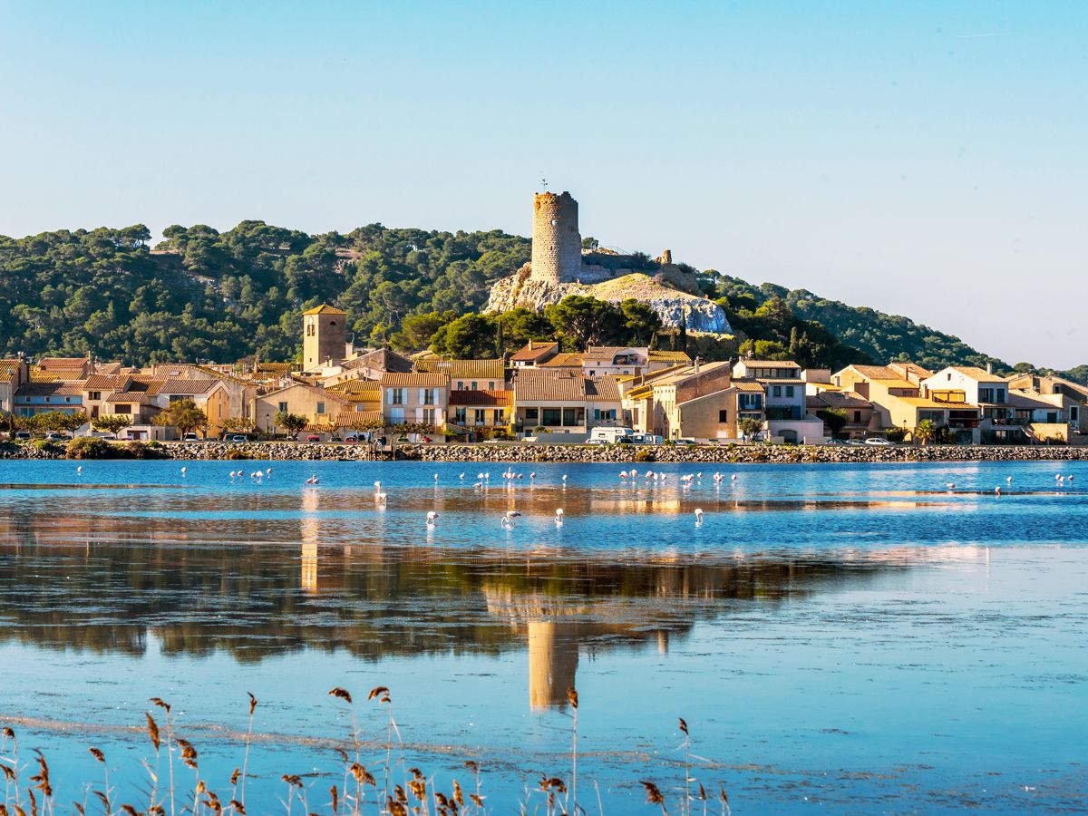 Bay and hillside buildings in Gruissan, France