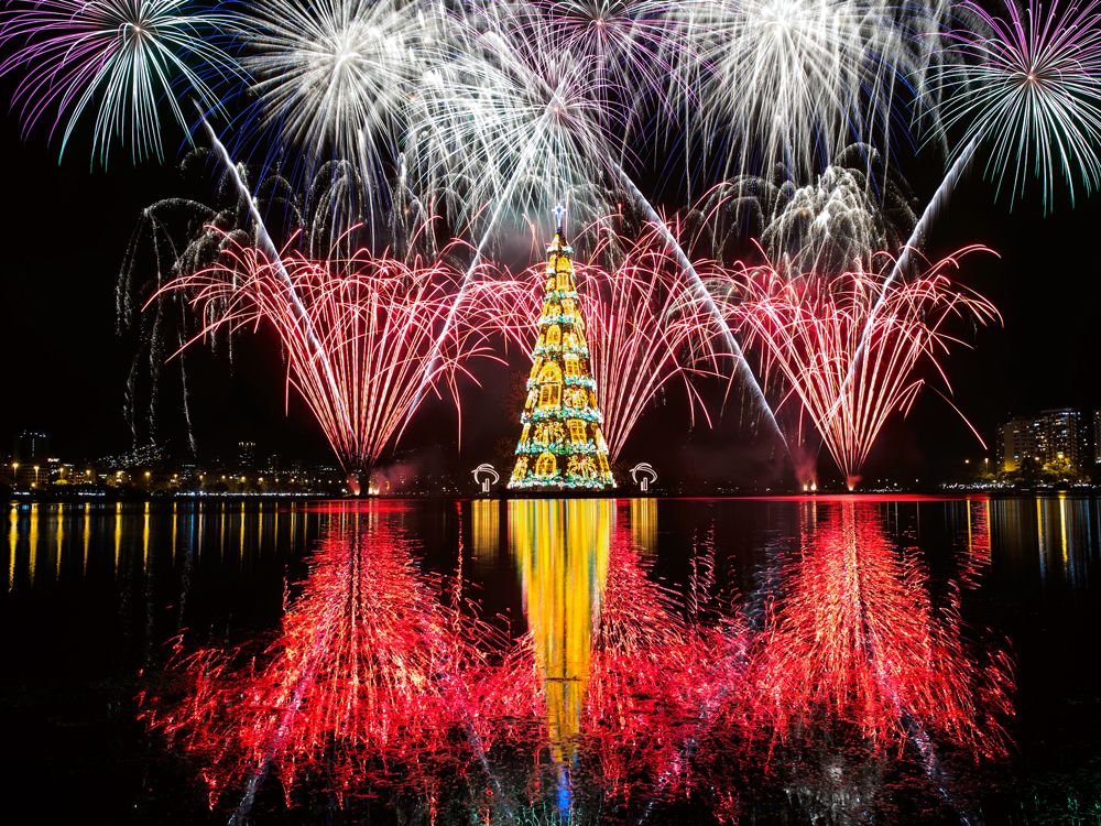 Floating Christmas tree and fireworks display in Rio de Janeiro, Brazil