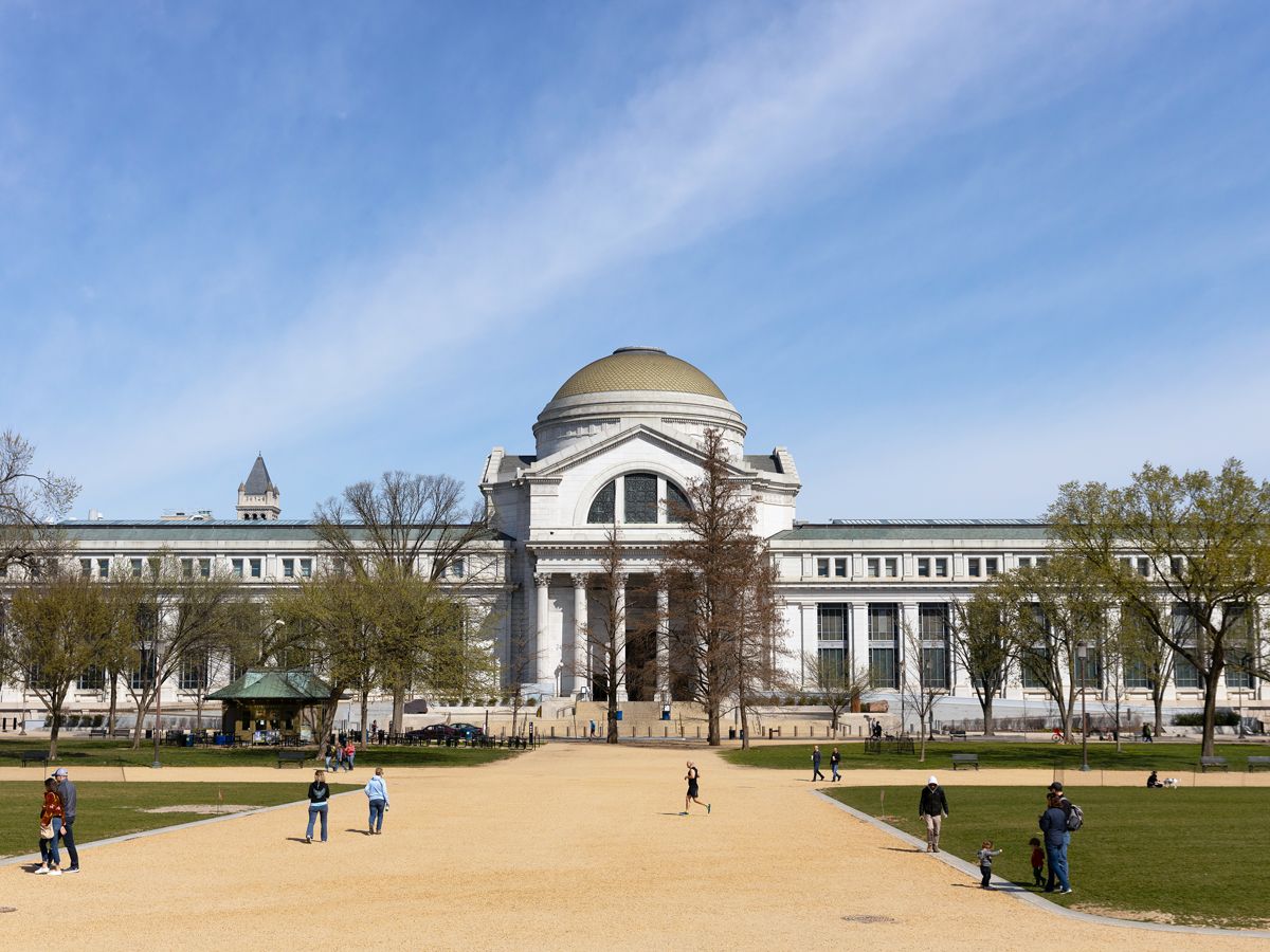 Pedestrians in park facing the National Museum of Natural History 