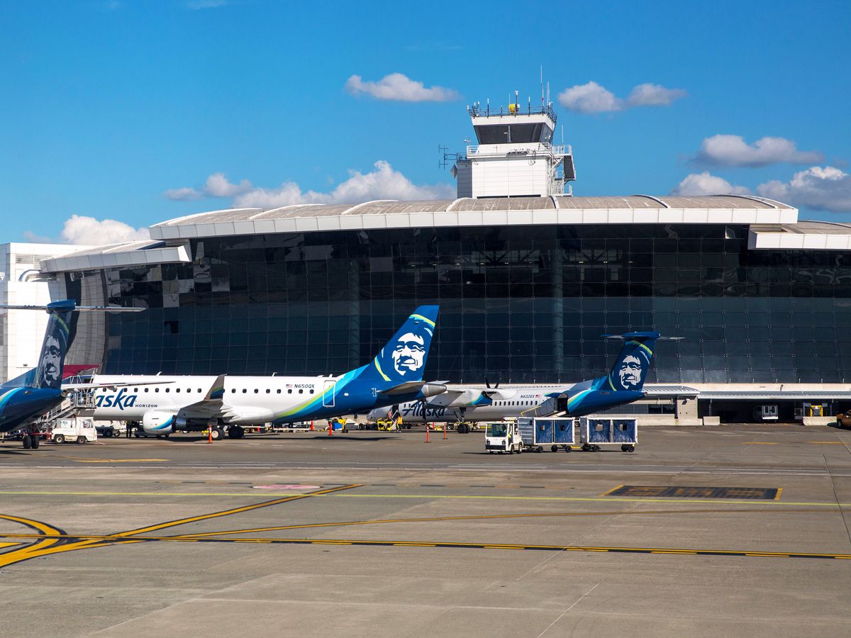 Alaska Airlines aircraft parked at gates at Seattle-Tacoma International Airport