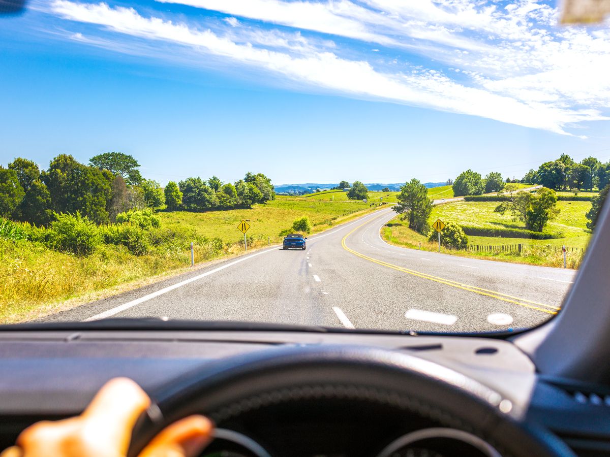 View from driver's seat of New Zealand highway