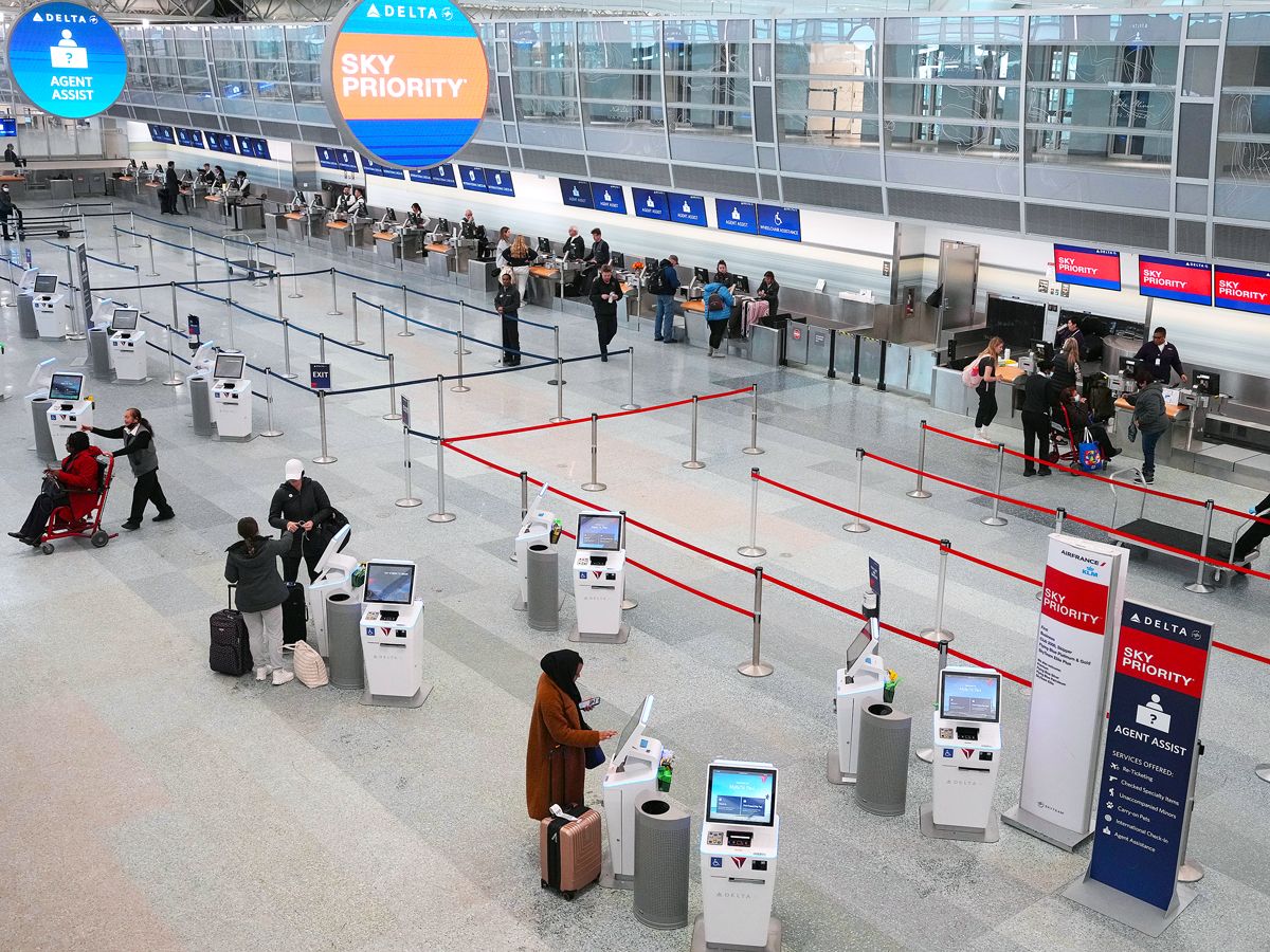 Overhead view of passenger check-in area at Minneapolis-St. Paul International Airport