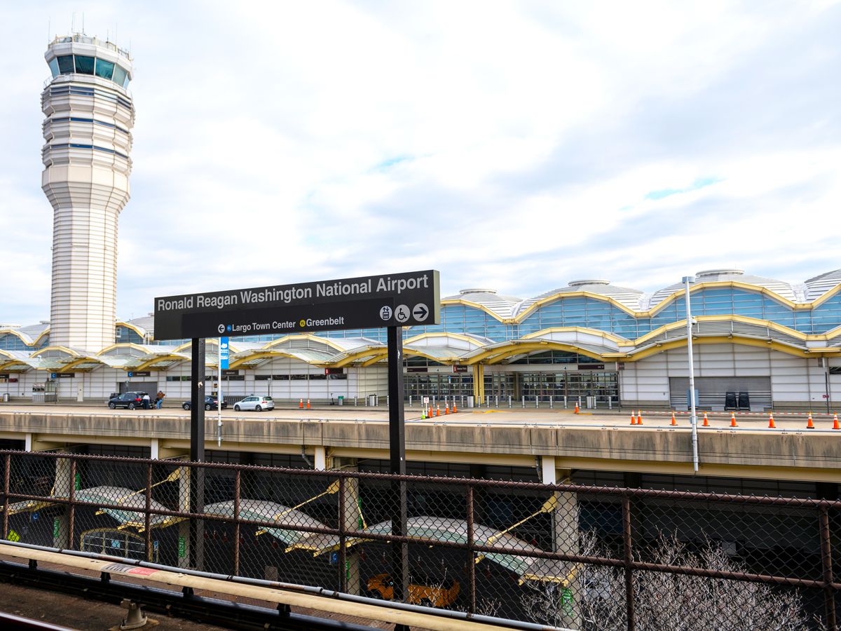Control tower and curbside drop-off at Ronald Reagan Washington National Airport in Washington, D.C. 