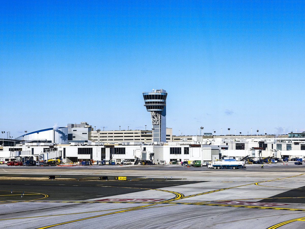 Control tower and ramp at Philadelphia International Airport in Pennsylvania