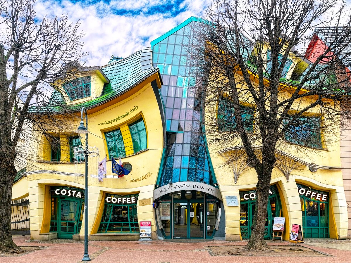 Curvy facade of the Crooked House in Sopot, Poland