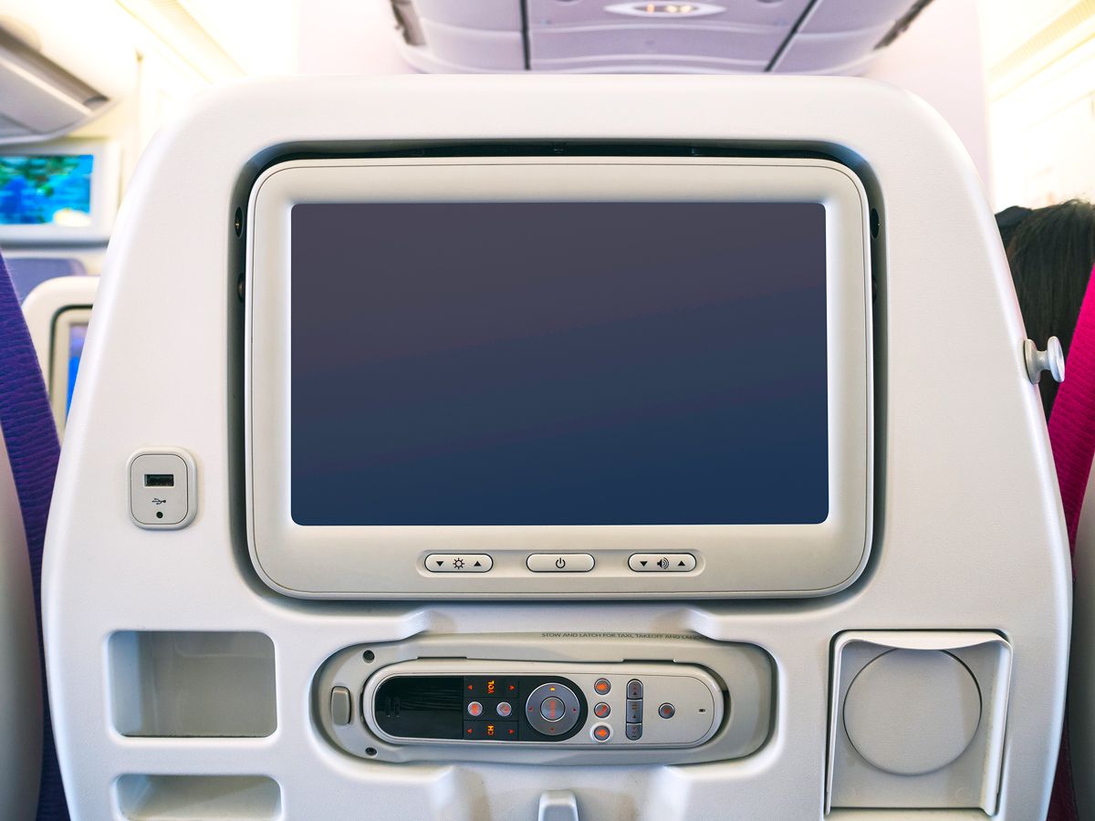 View of seatback entertainment screen on aircraft