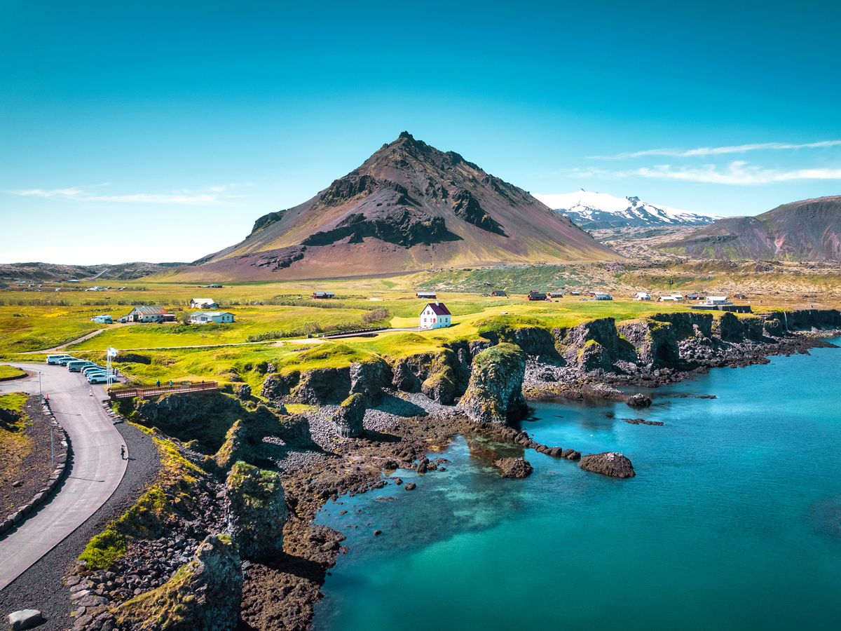 Stapafell volcano overlooking fishing village in Iceland