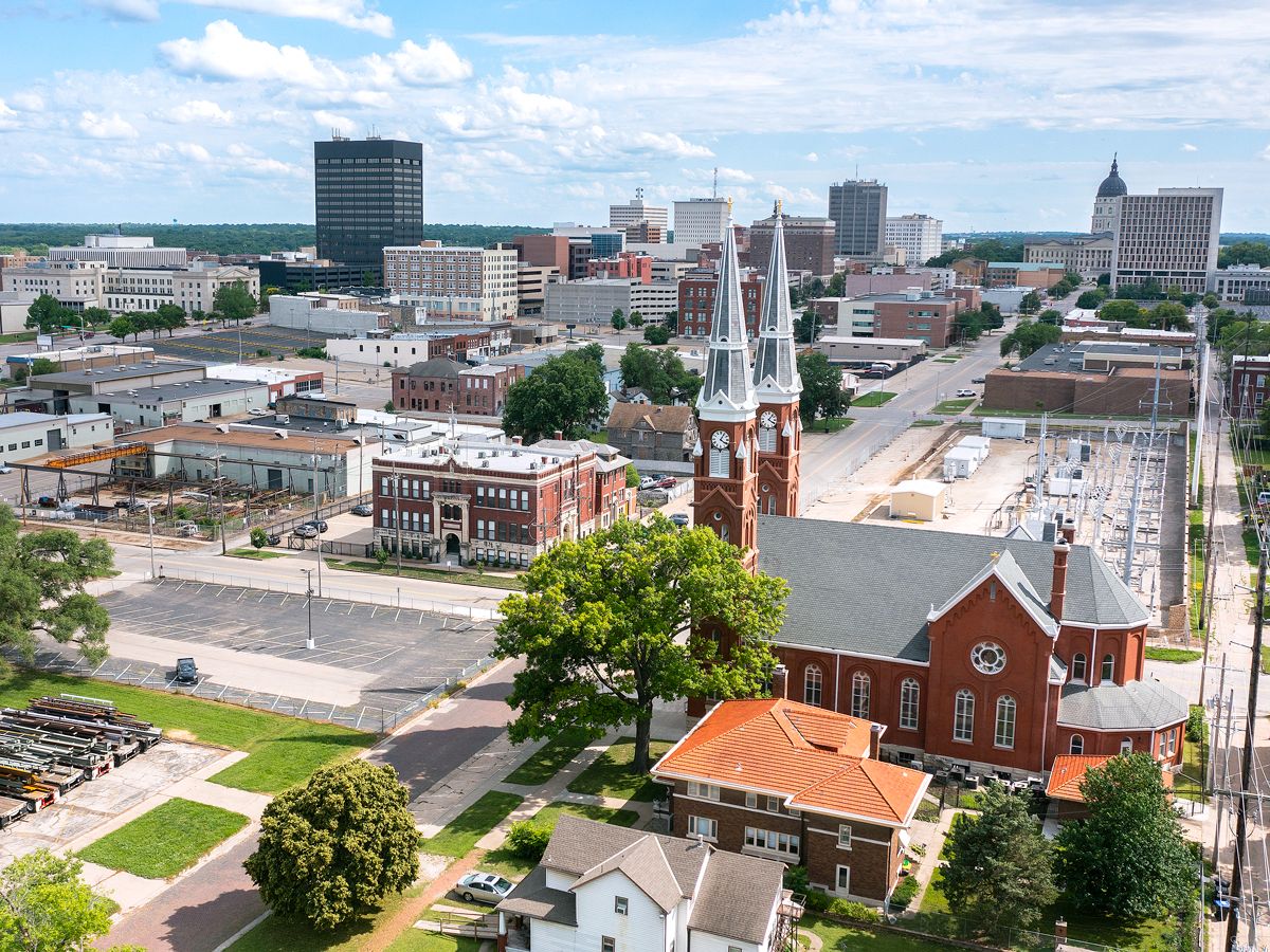 Aerial view of church and cityscape of Topeka, Kansas
