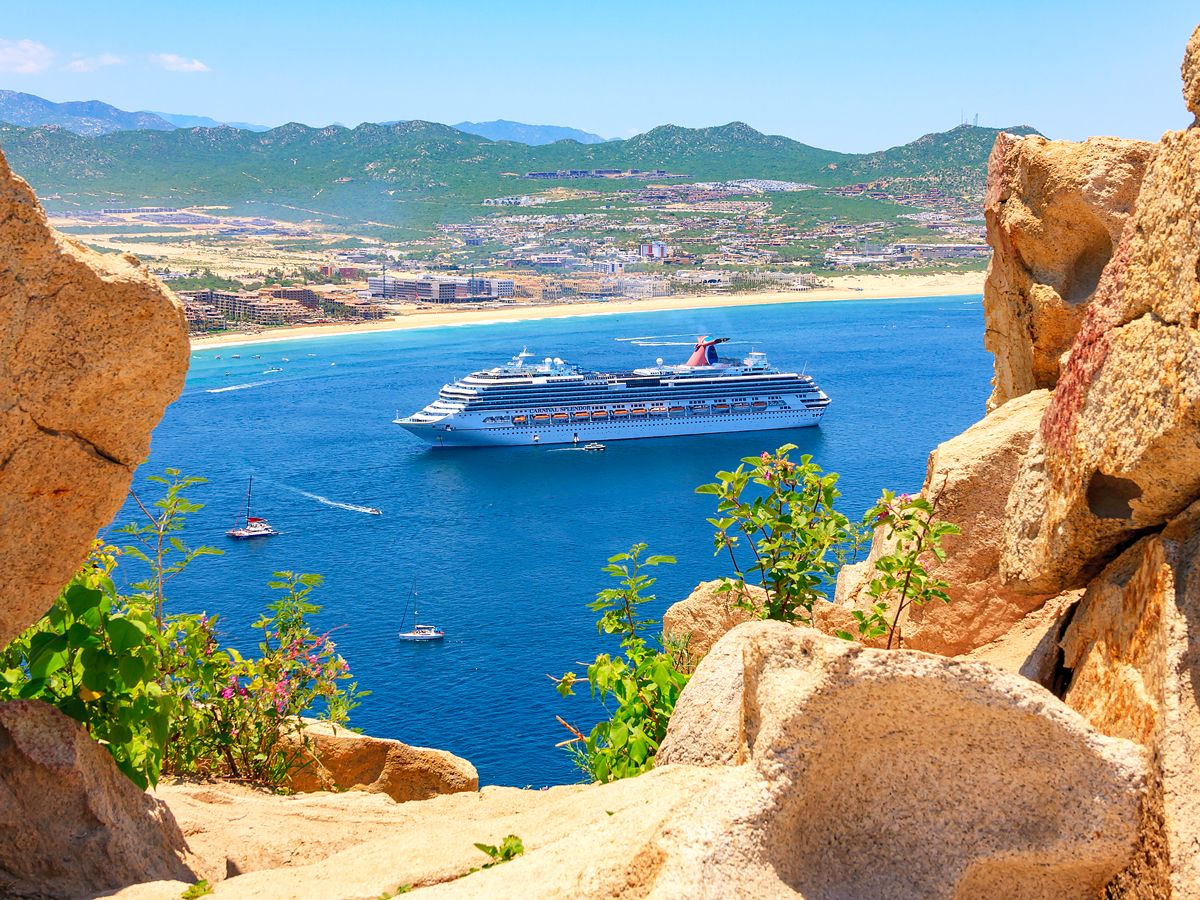 Cruise ship anchored off coast of Cabo San Lucas, Mexico