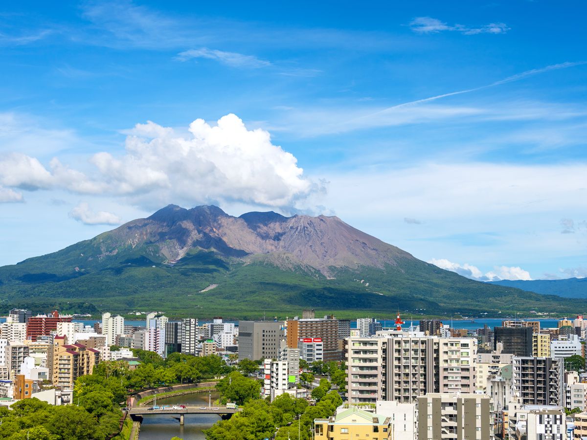 Sakurajima volcano overlooking city of Kagoshima, Japan