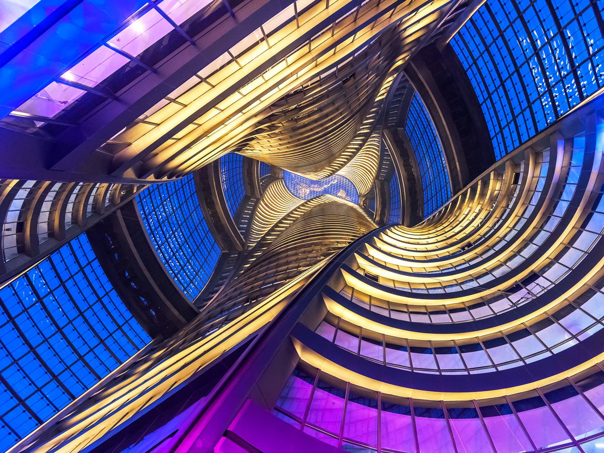 View toward top of world's tallest atrium in Beijing's Leeza SOHO building