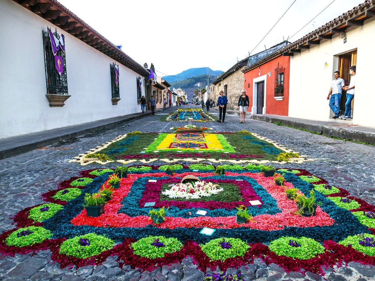Flower carpets lining street in Antigua, Guatemala
