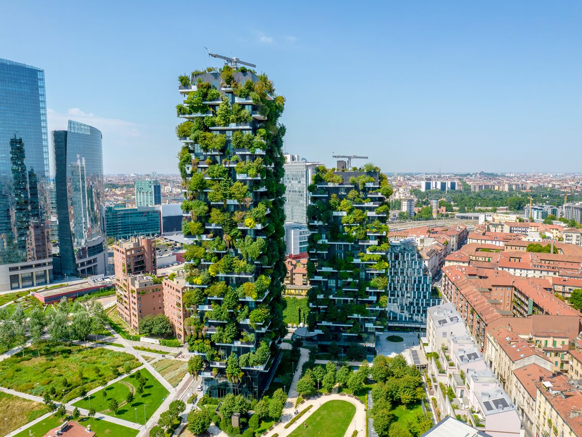 Aerial view of Milan's Bosco Verticale vegetation-clad skyscrapers