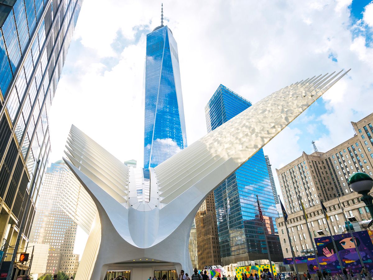 The Oculus with One World Trade Center towering above in New York City