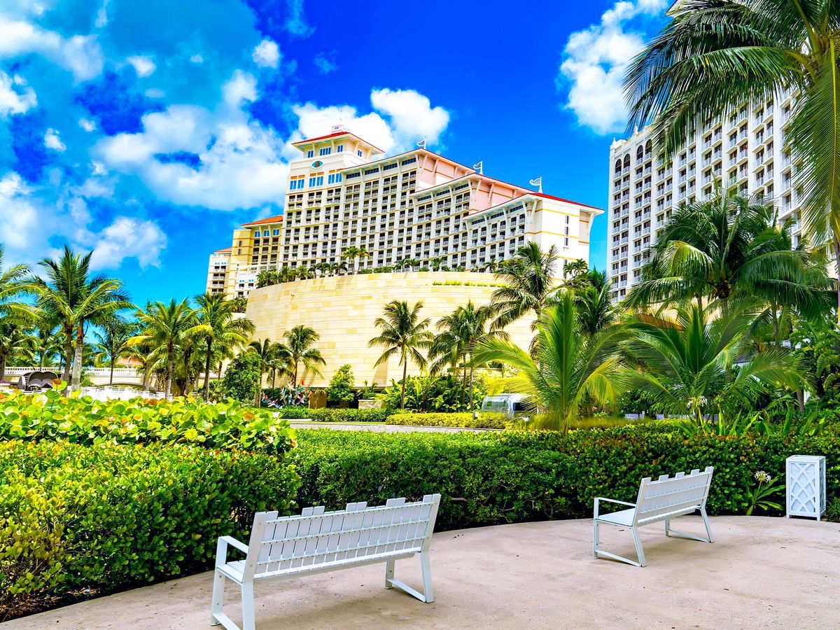 Benches overlooking grounds of Grand Hyatt Baha Mar in Nassau, the Bahamas