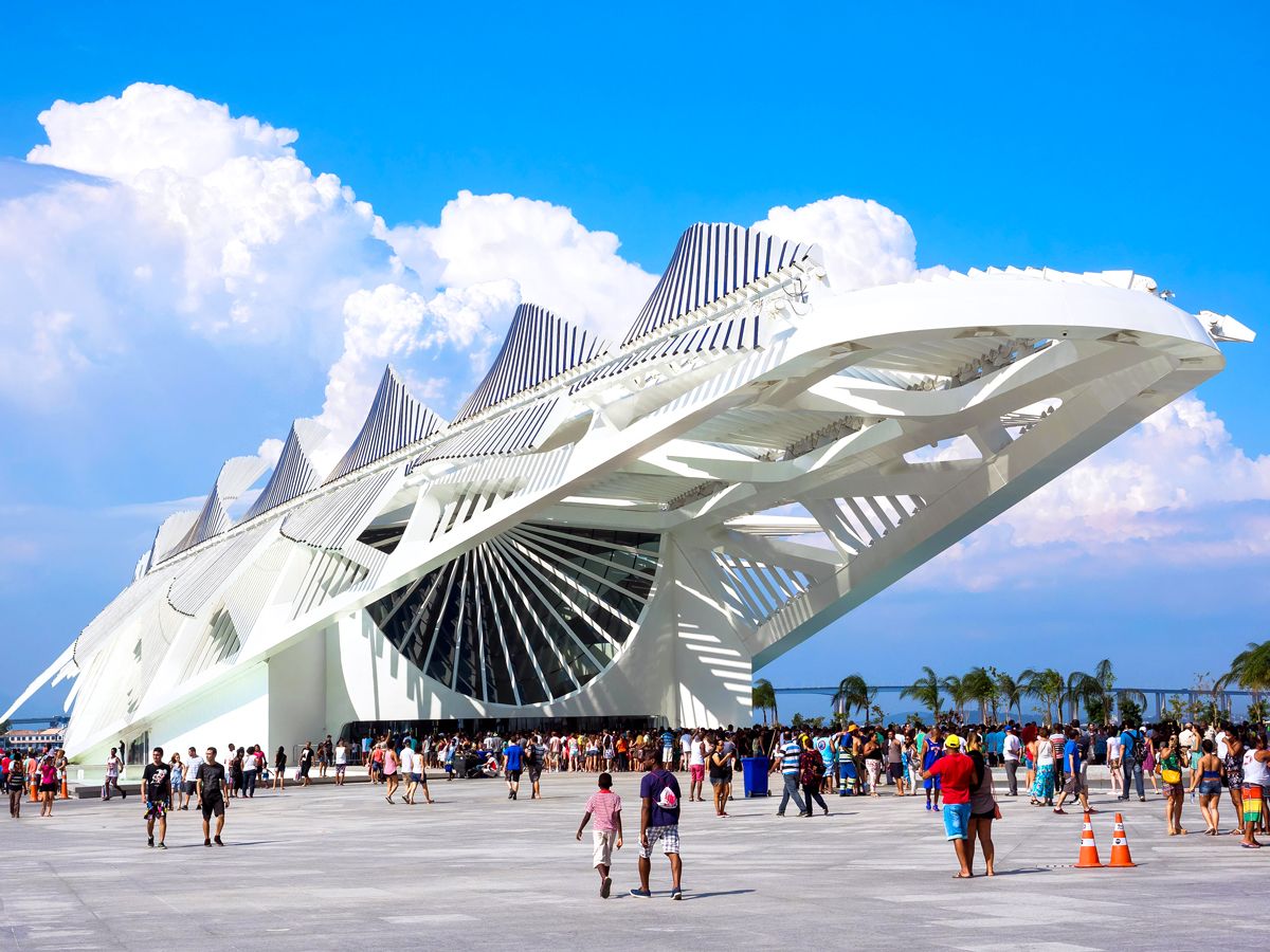 Visitors outside the Museum of Tomorrow in Rio de Janeiro, Brazil