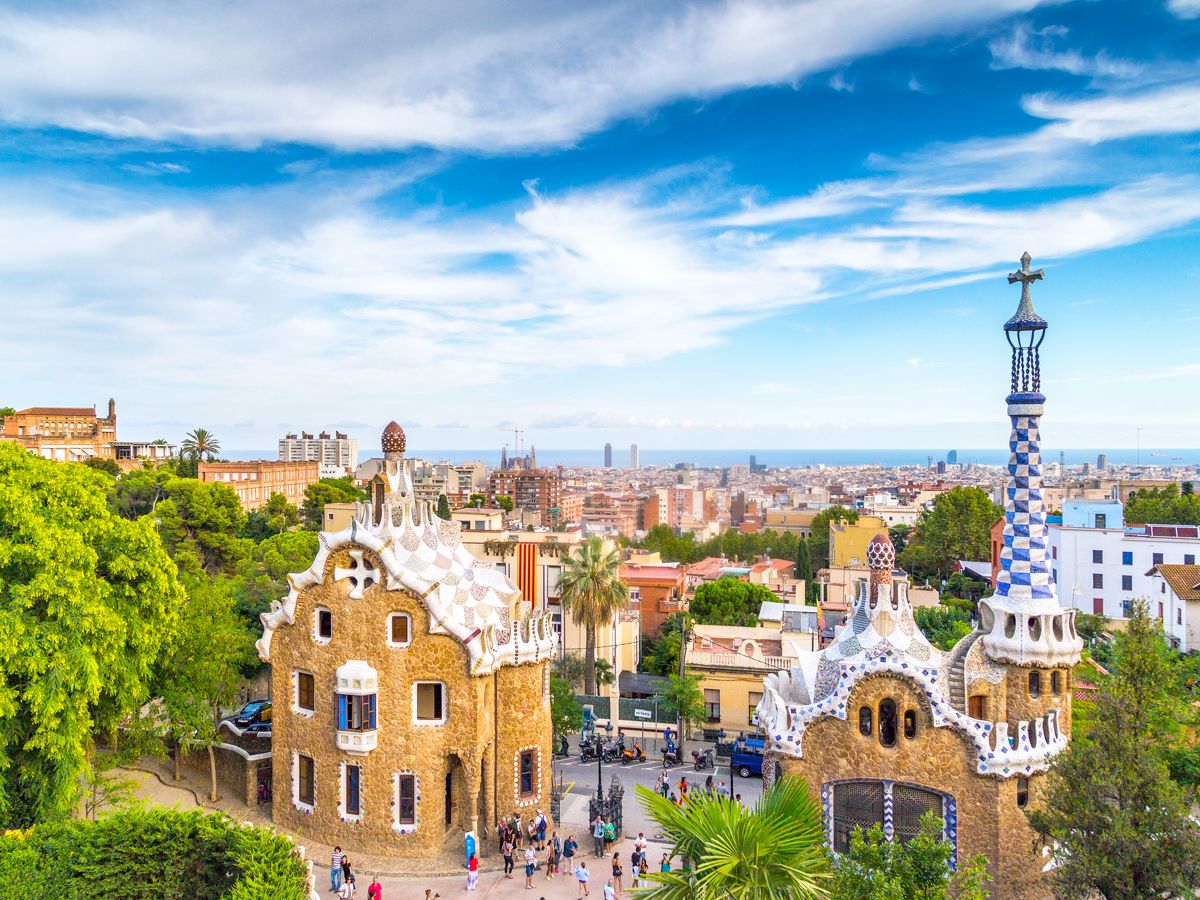 Park Güell with view of Barcelona skyline