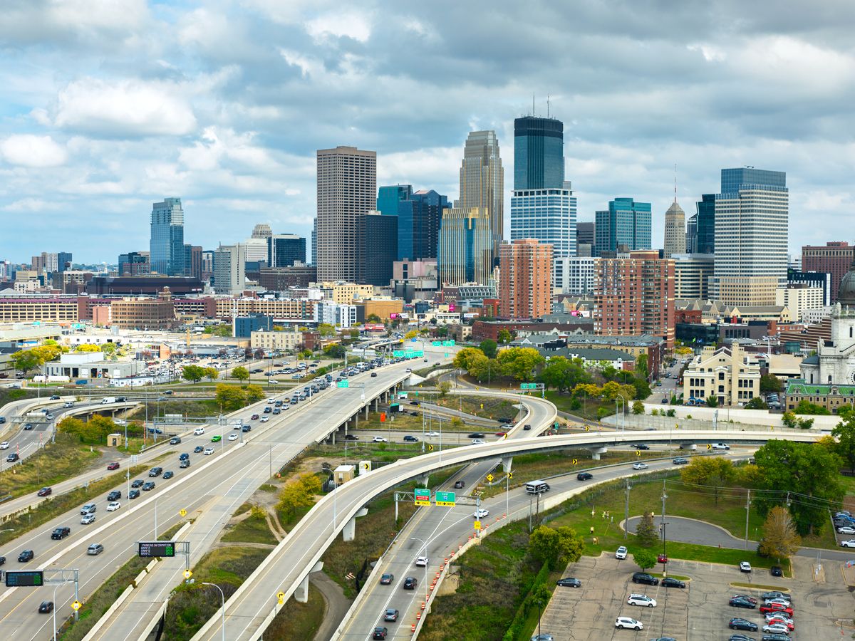 Aerial view of highway interchange in downtown Minneapolis, Minnesota