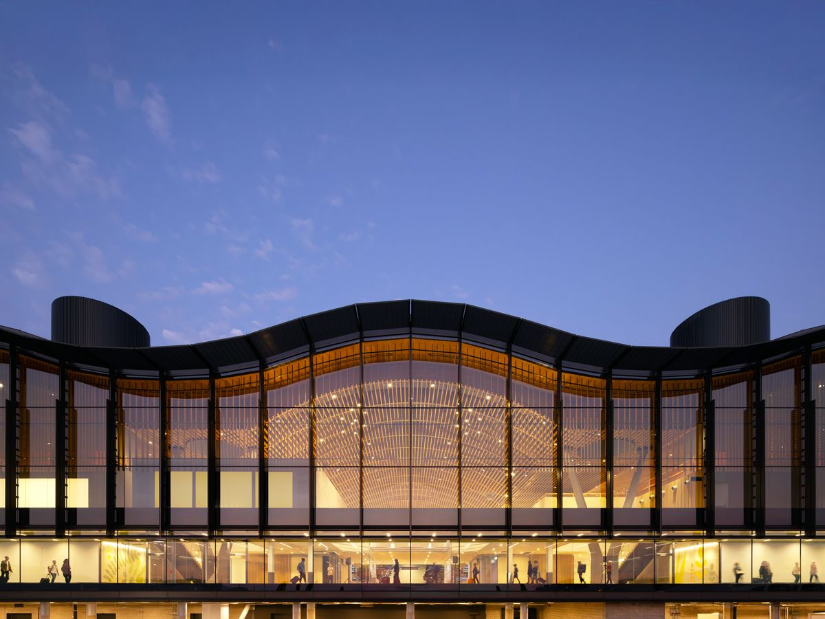 Exterior of Portland International Airport main terminal, seen at night