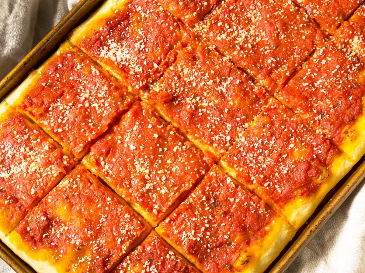 Philadelphia-style pizza in pan