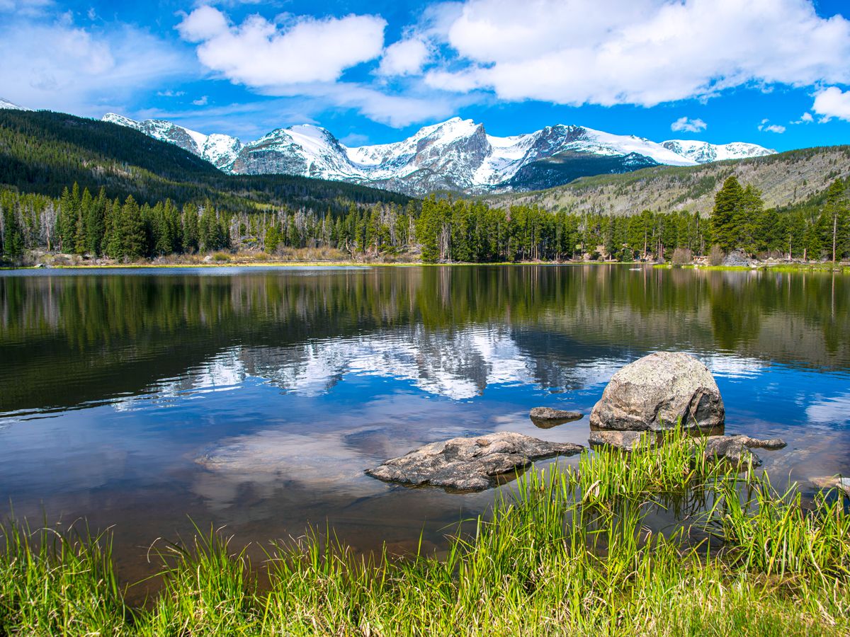 Snow-capped peaks reflected on lake in Colorado's Rocky Mountain National Park