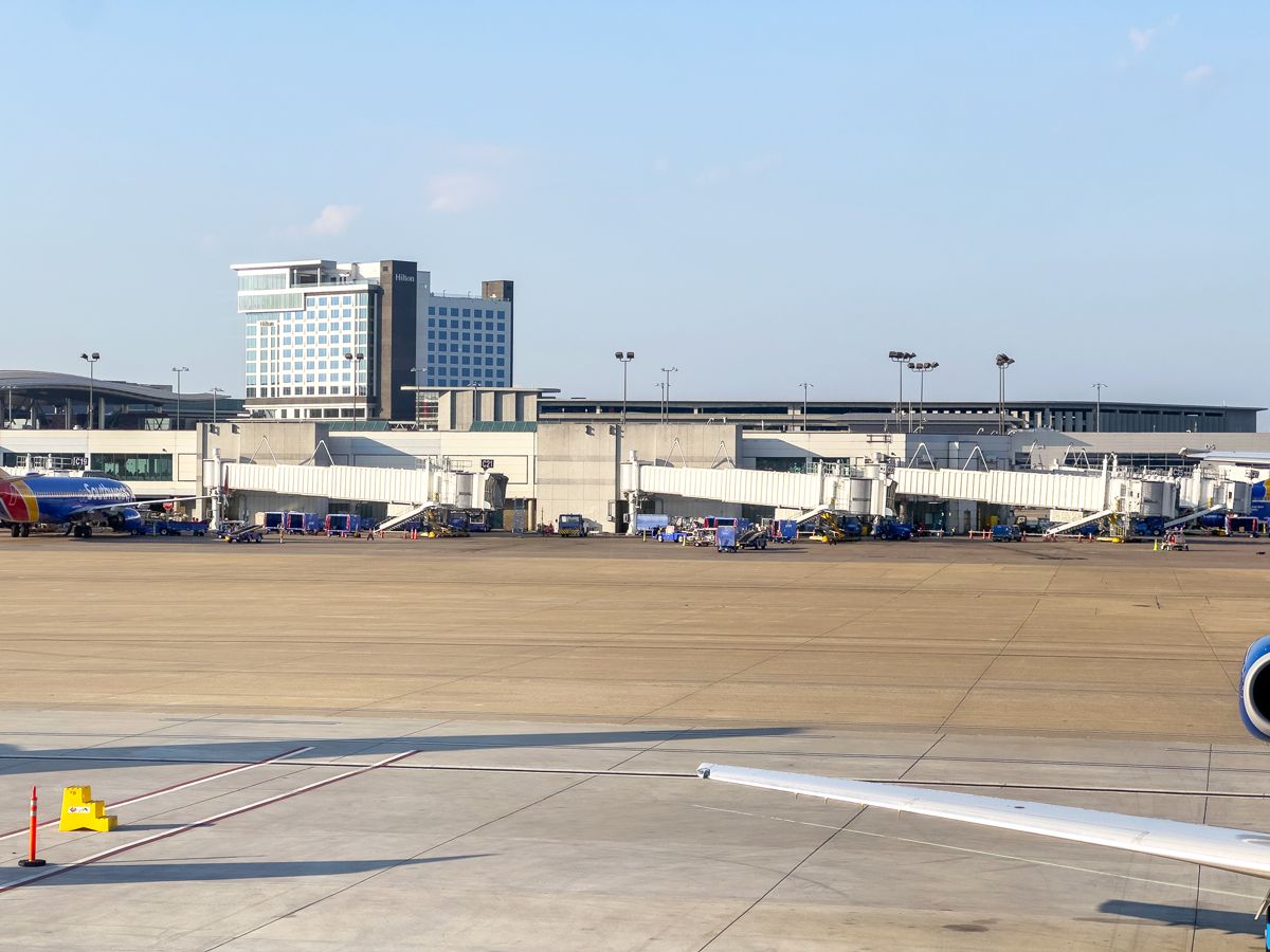 View of empty gates across tarmac at Nashville International Airport