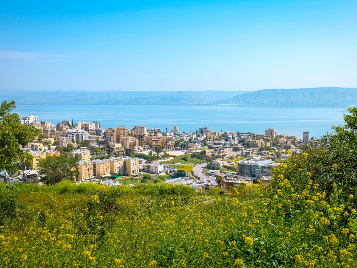 View of Tiberias, Israel, and Sea of Galilee from hilltop