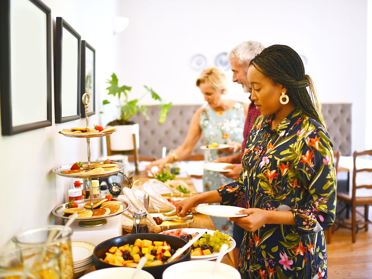 Hotel guests at breakfast buffet