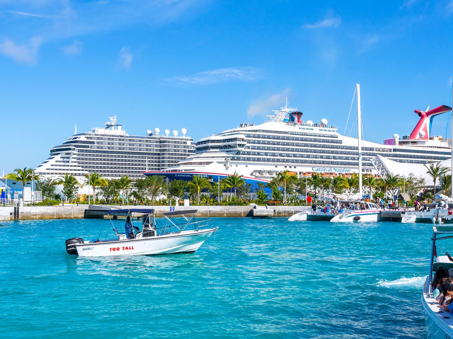 Cruise ships and smaller boats at Nassau Cruise Port in the Bahamas